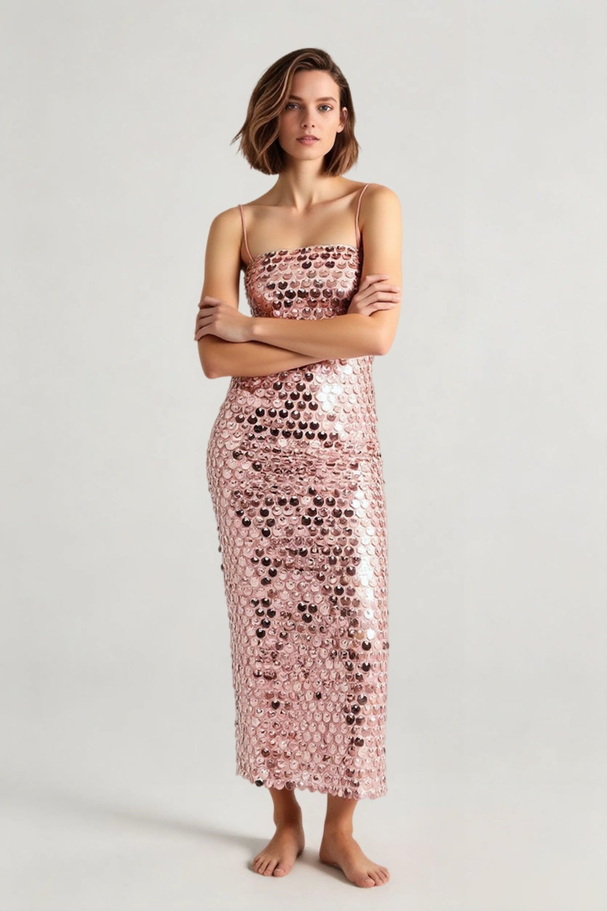 Sequin Striped Spaghetti Strap Square Neck Bodycon Midi Dress - View 6