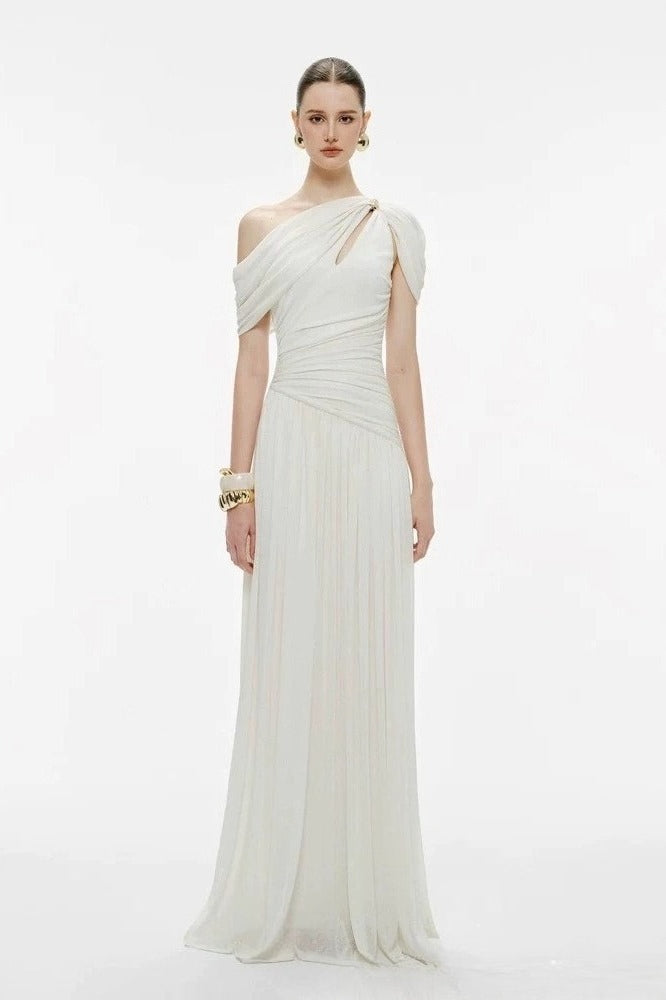 One Shoulder Cut Out Ruched Draped Maxi Prom Gown