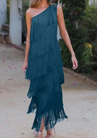One Shoulder Tiered Fringe Midi Dress - View 4