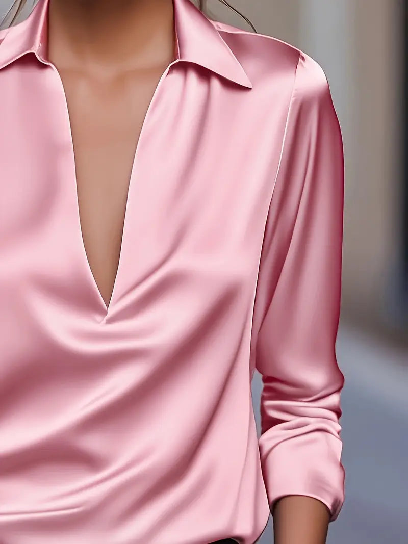 Collared Deep V-Neck Long Sleeve Satin Blouse 14
