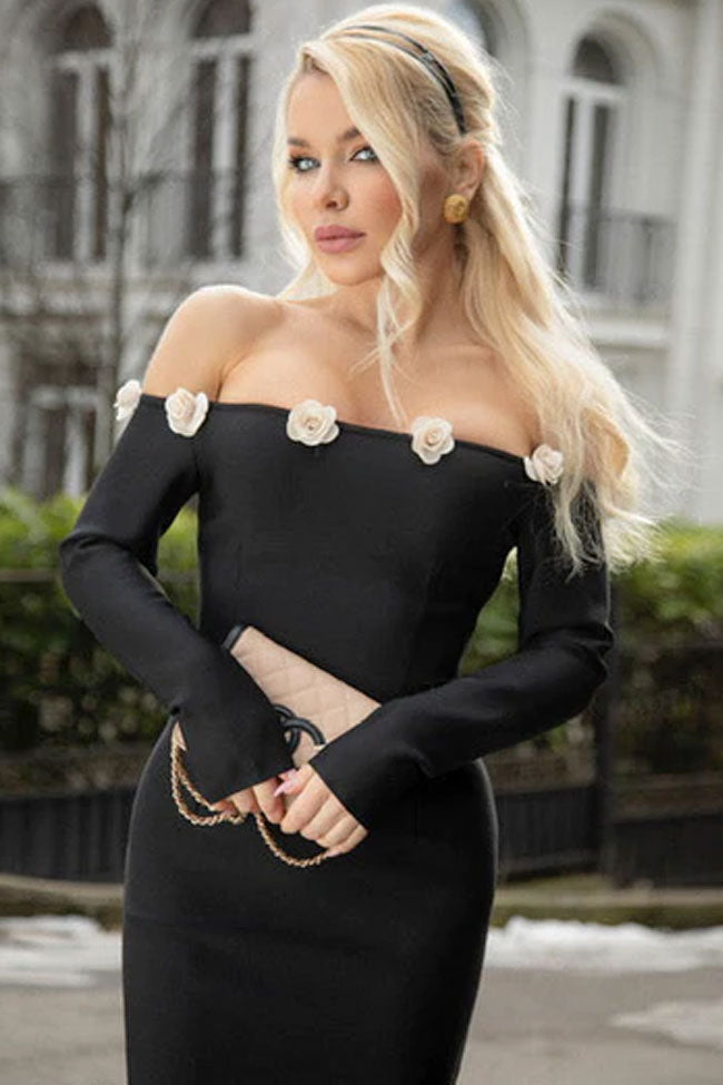 Off Shoulder Long Sleeve Floral Applique Bodycon Midi Dress - View 2