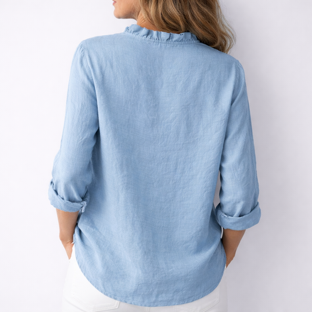 V-Neck Ruffle Placket Roll Sleeve Linen Shirt 4