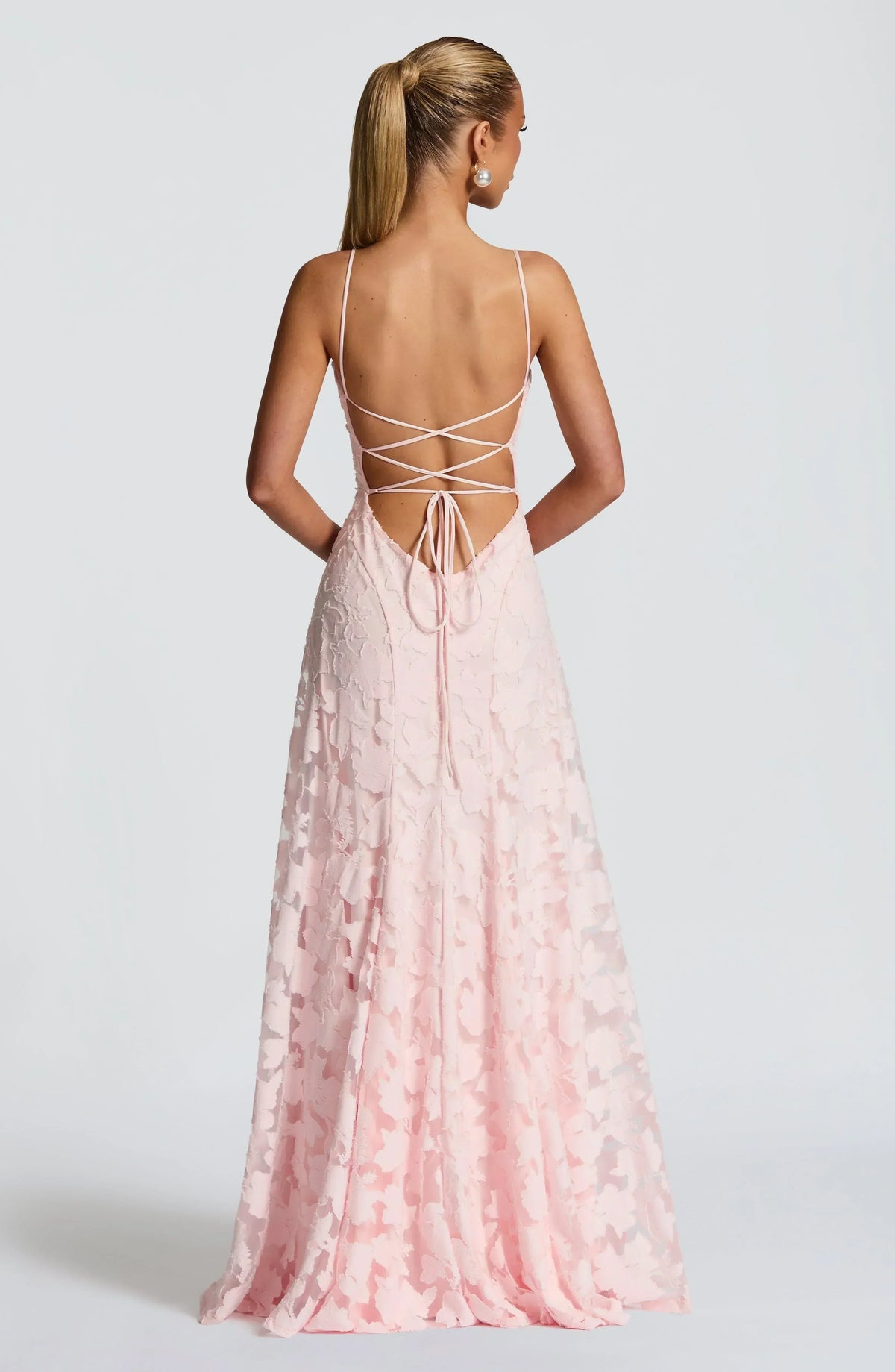 Floral Jacquard Spaghetti Strap High Split A-Line Maxi Gown 16