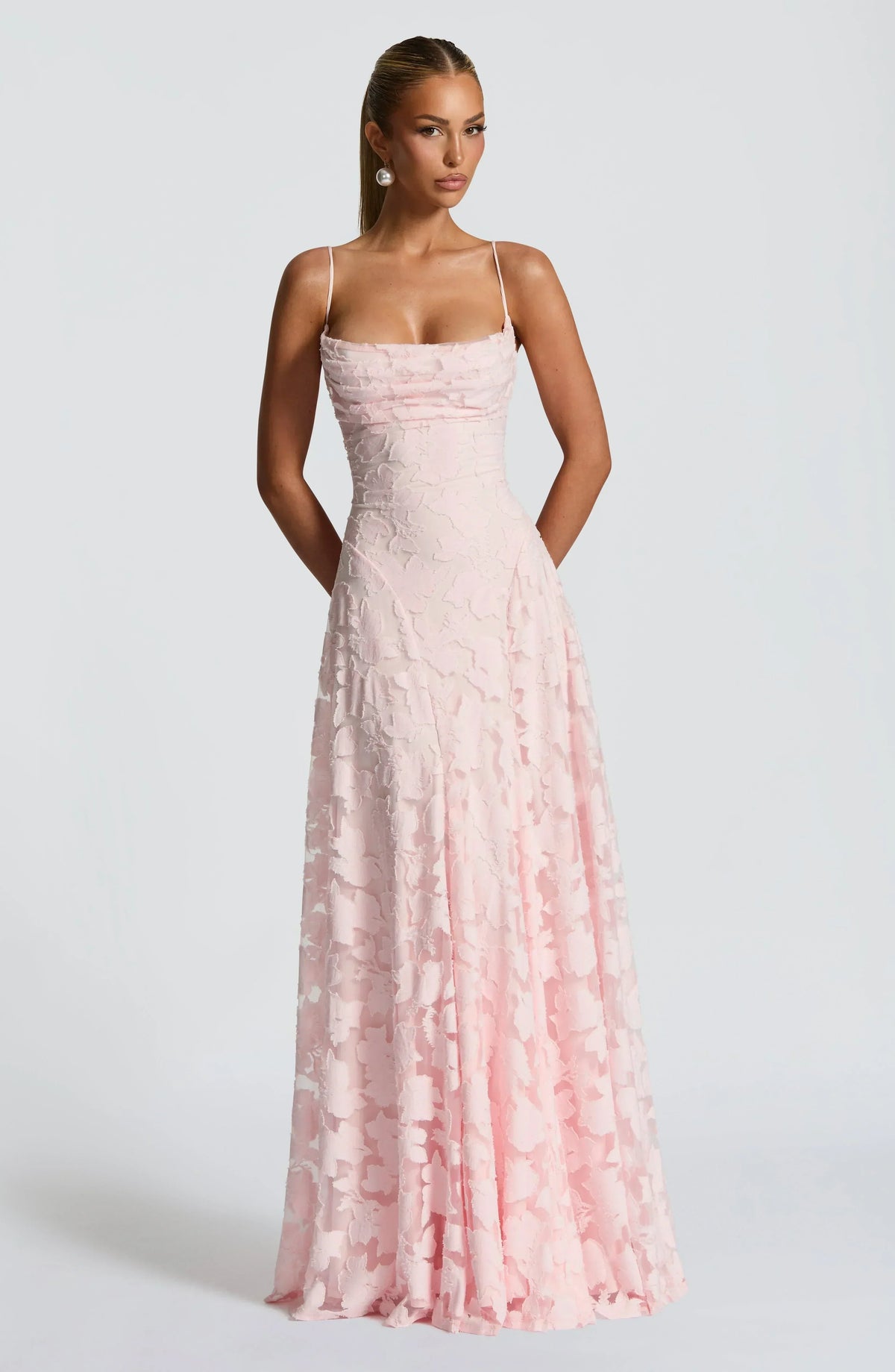 Floral Jacquard Spaghetti Strap High Split A-Line Maxi Gown 13