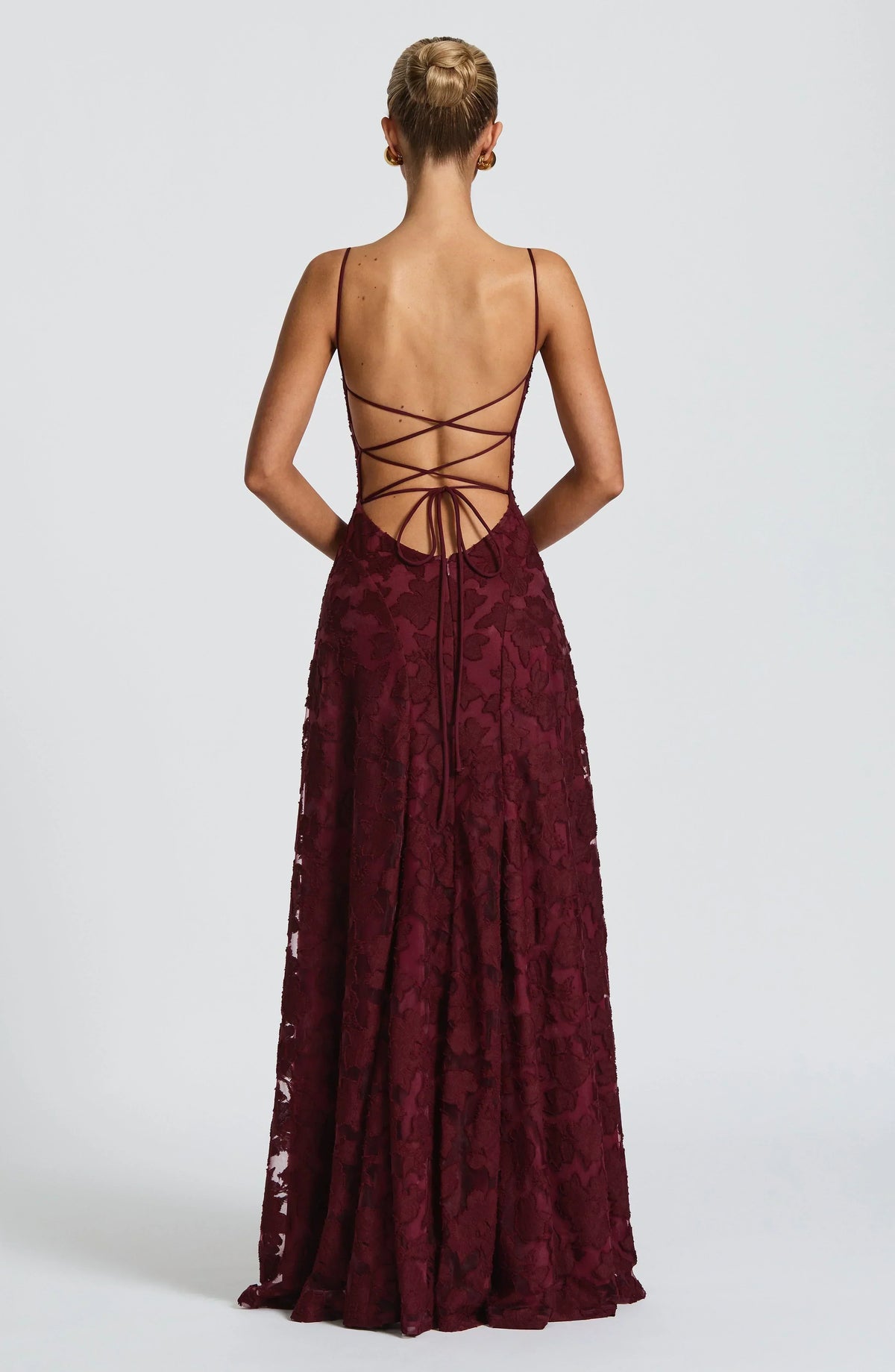 Floral Jacquard Spaghetti Strap High Split A-Line Maxi Gown 4