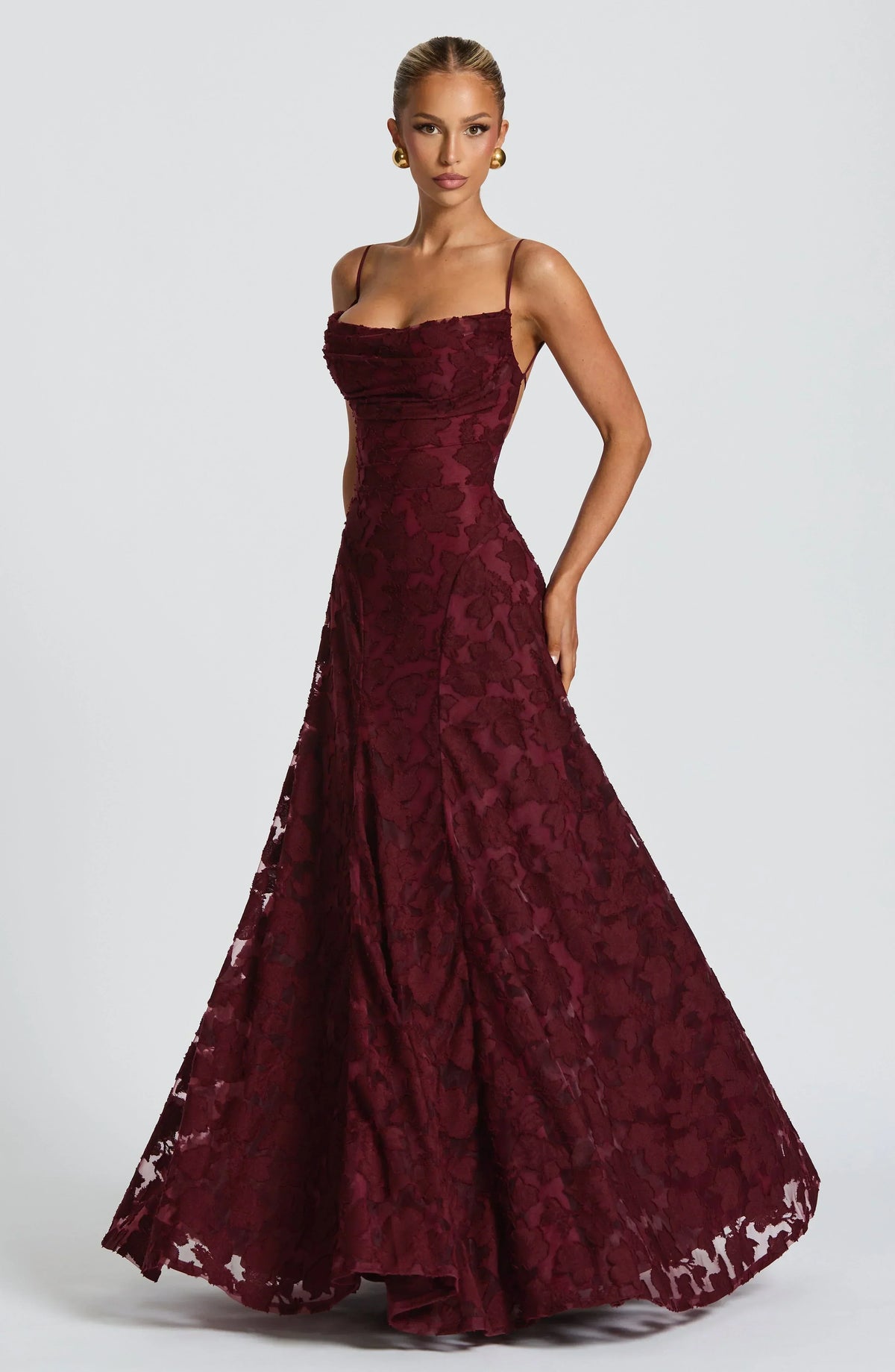Floral Jacquard Spaghetti Strap High Split A-Line Maxi Gown 3