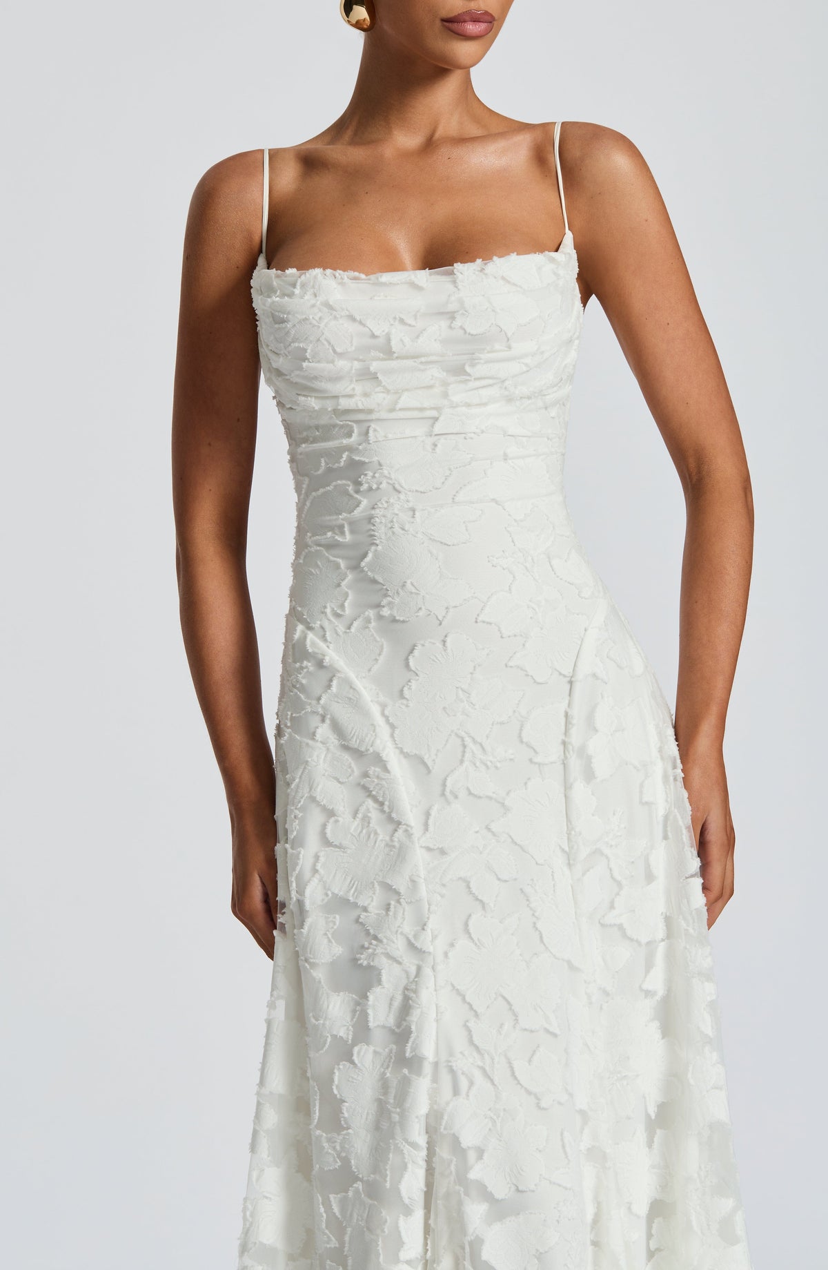 Floral Jacquard Spaghetti Strap High Split A-Line Maxi Gown 10