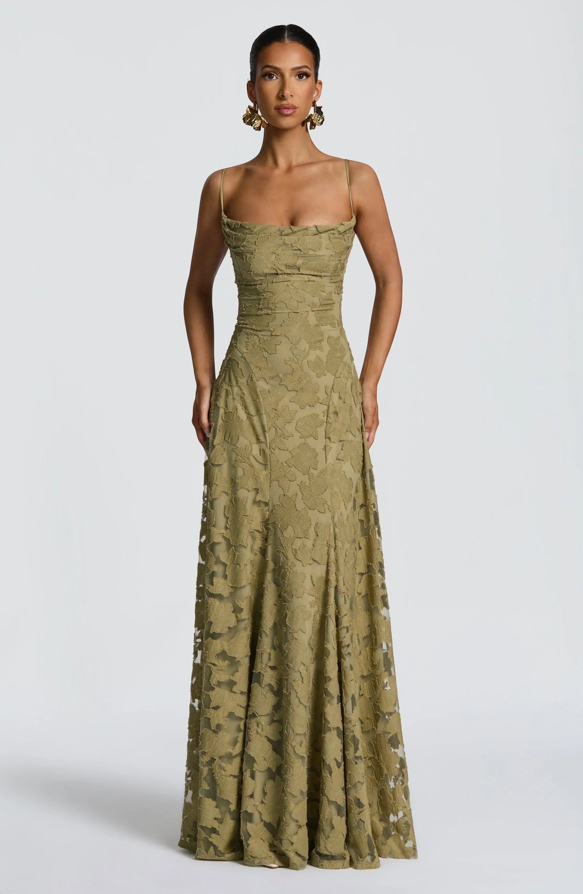 Floral Jacquard Spaghetti Strap High Split A-Line Maxi Gown 5