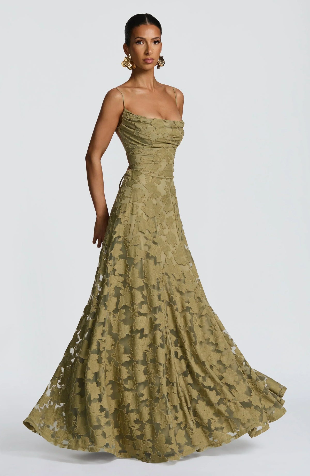 Floral Jacquard Spaghetti Strap High Split A-Line Maxi Gown 7