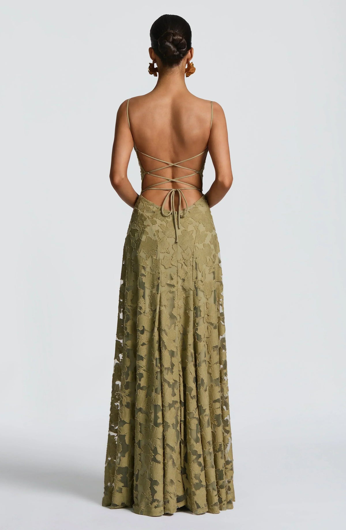 Floral Jacquard Spaghetti Strap High Split A-Line Maxi Gown 8