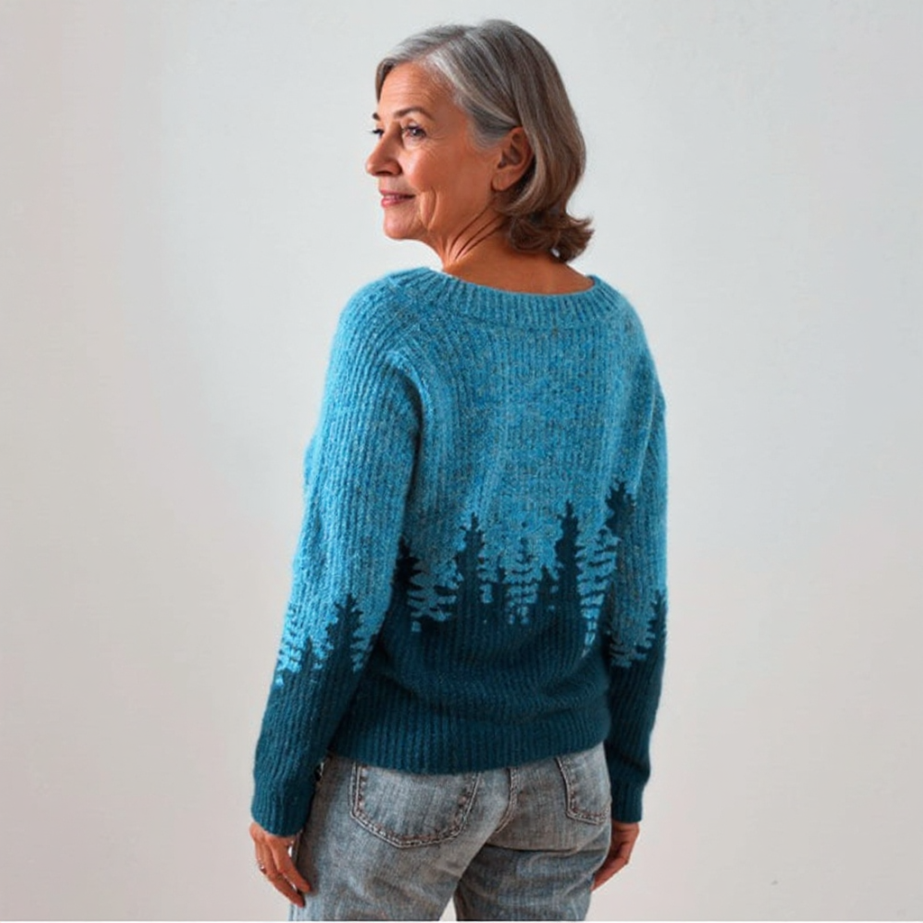 Boat Neck Forest Print Ribbed Knit Sweater 3