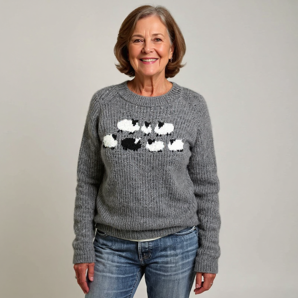 Crew Neck Sheep Intarsia Knit Sweater