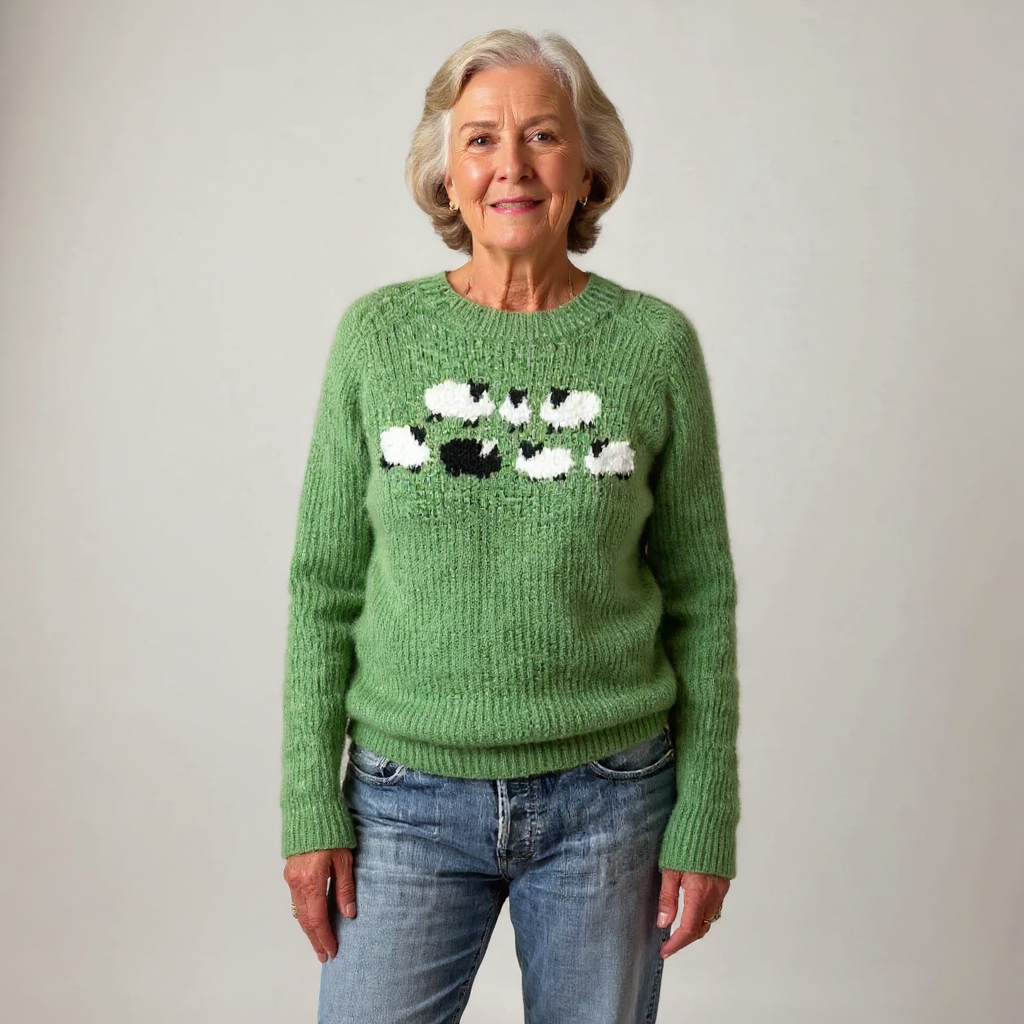 Crew Neck Long Sleeve Sheep Motif Knit Sweater