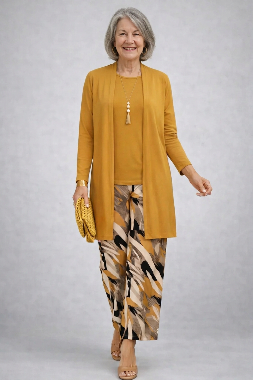 Long Cardigan Sleeveless Top and Printed Wide Leg Pants Three Piece Set
