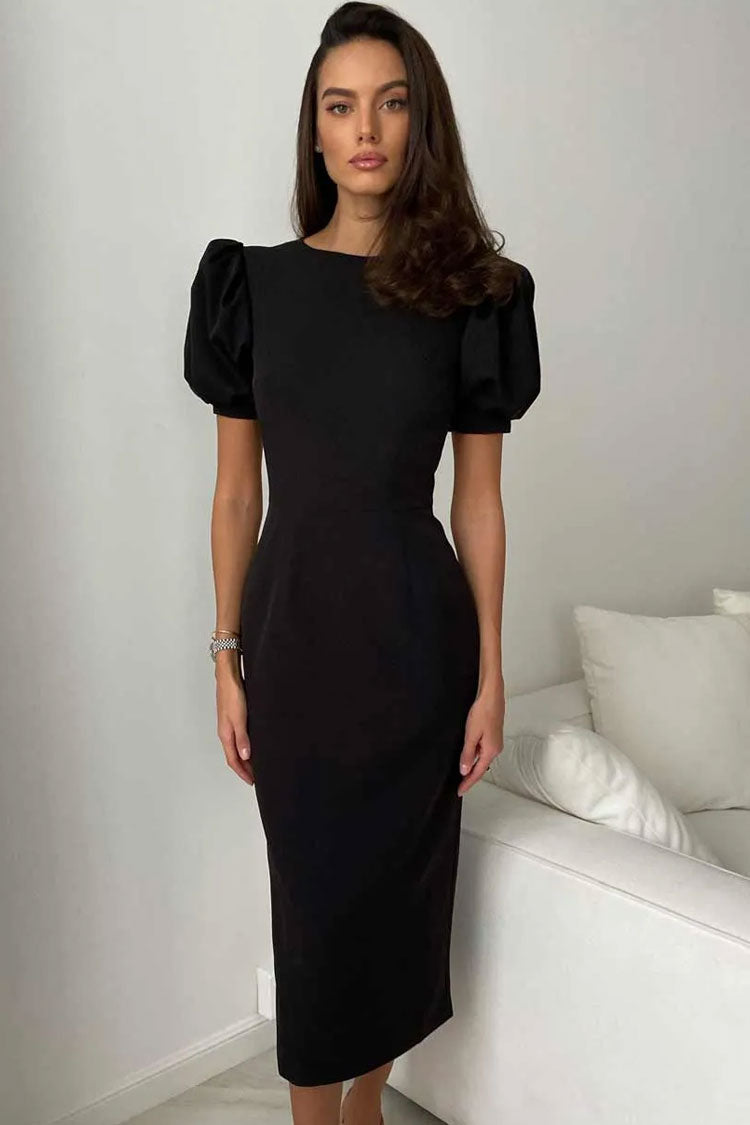 French Crew Neck Puff Sleeve Cocktail Party Midi Dress - Black - View 2
