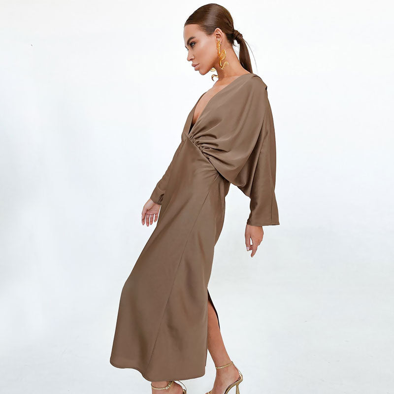 French Ruched Deep V Batwing Sleeve Cocktail Maxi Dress - Brown - View 2