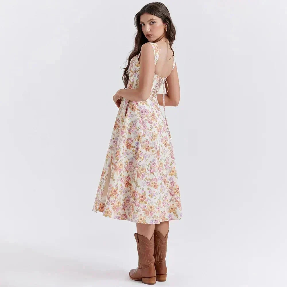 Floral Scoop Neck Corset High Split Midi Dress 7
