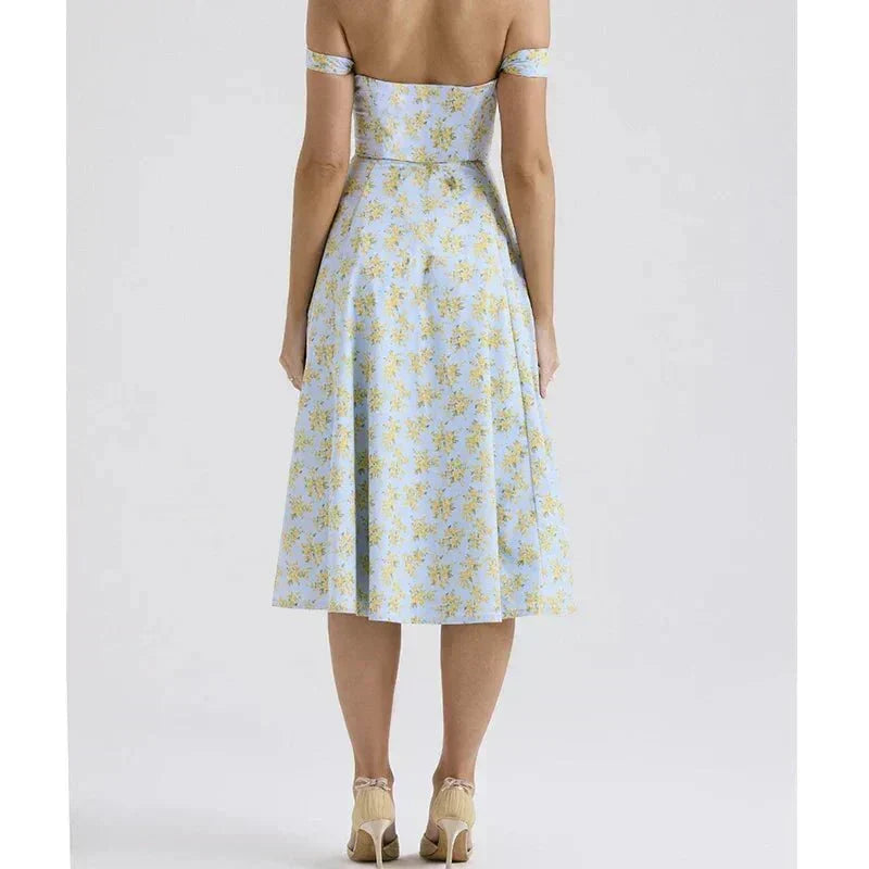 Floral Scoop Neck Corset High Split Midi Dress 4