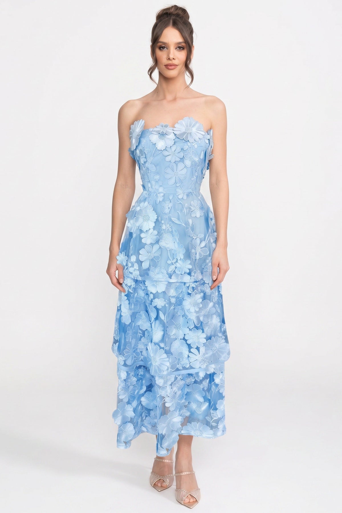 3D Floral Applique Strapless Tiered Mesh Midi Dress