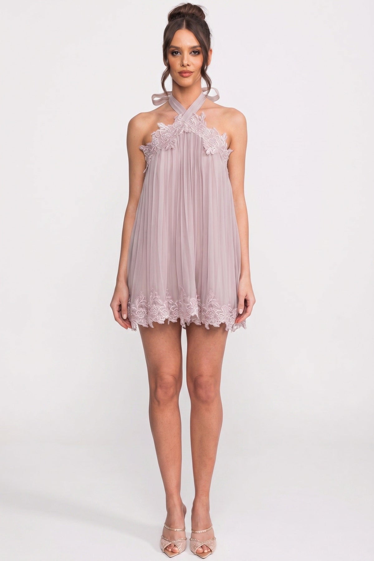Halter Neck Chiffon Mini Dress With Lace Hem - Pink