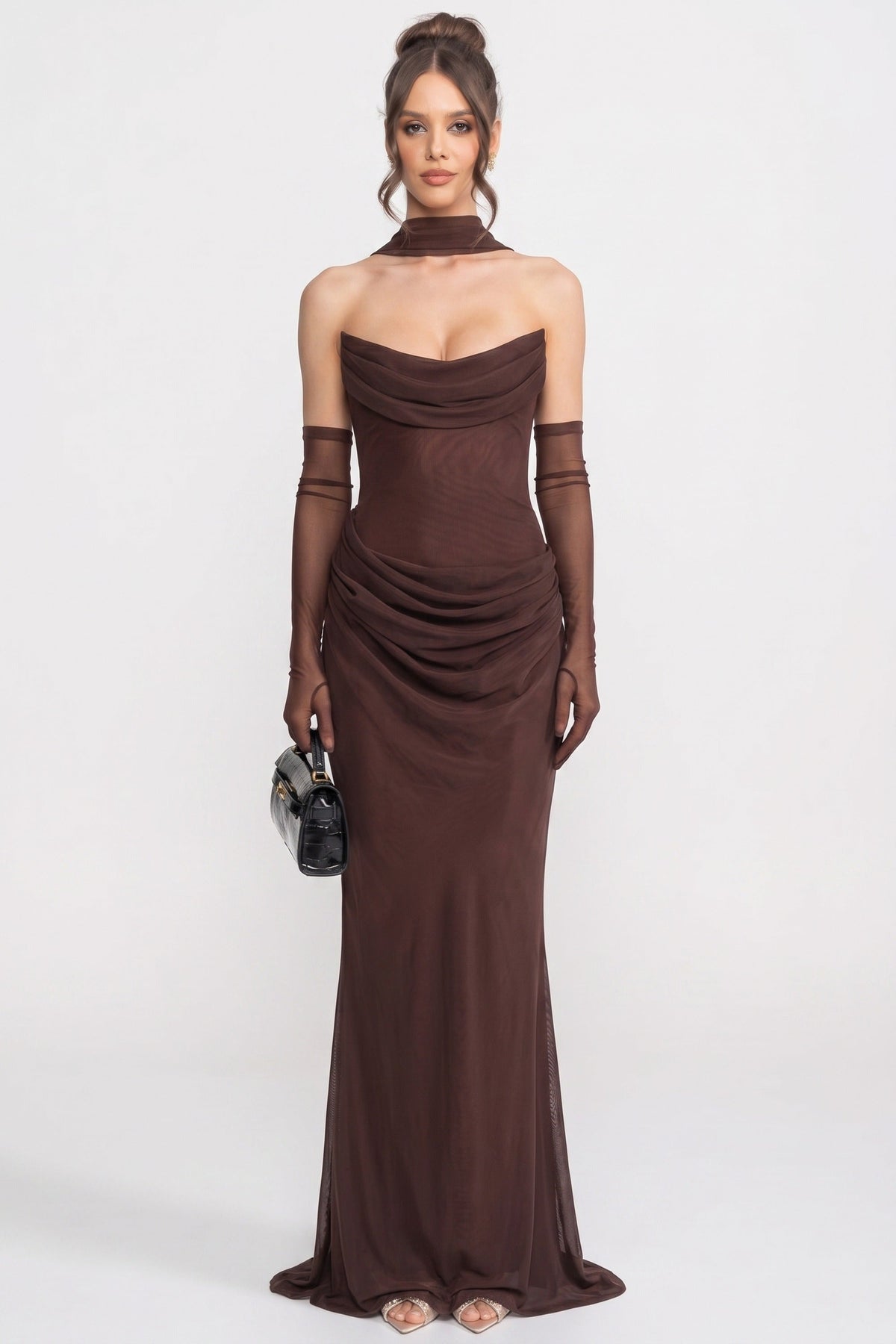 Strapless Draped Maxi Gown With Cowl Neckline And Sheer Scarf - Brown - View 3