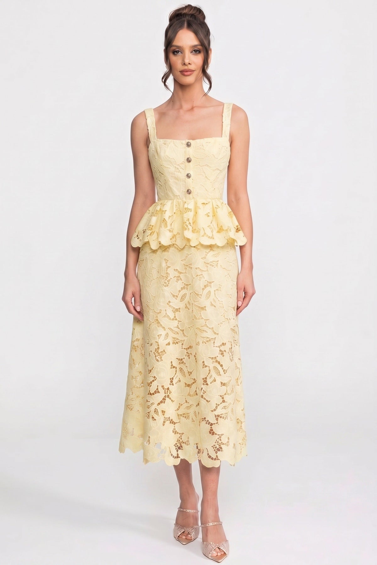 Sleeveless Lace Peplum Dress - Yellow - View 5