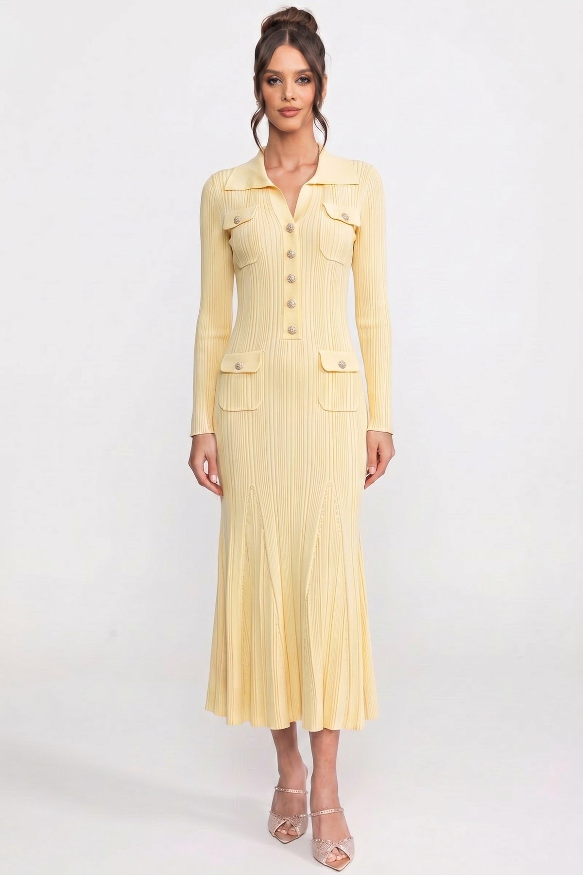 Long-Sleeve Button-Front Knit Maxi Dress With Patch Pockets - Yellow