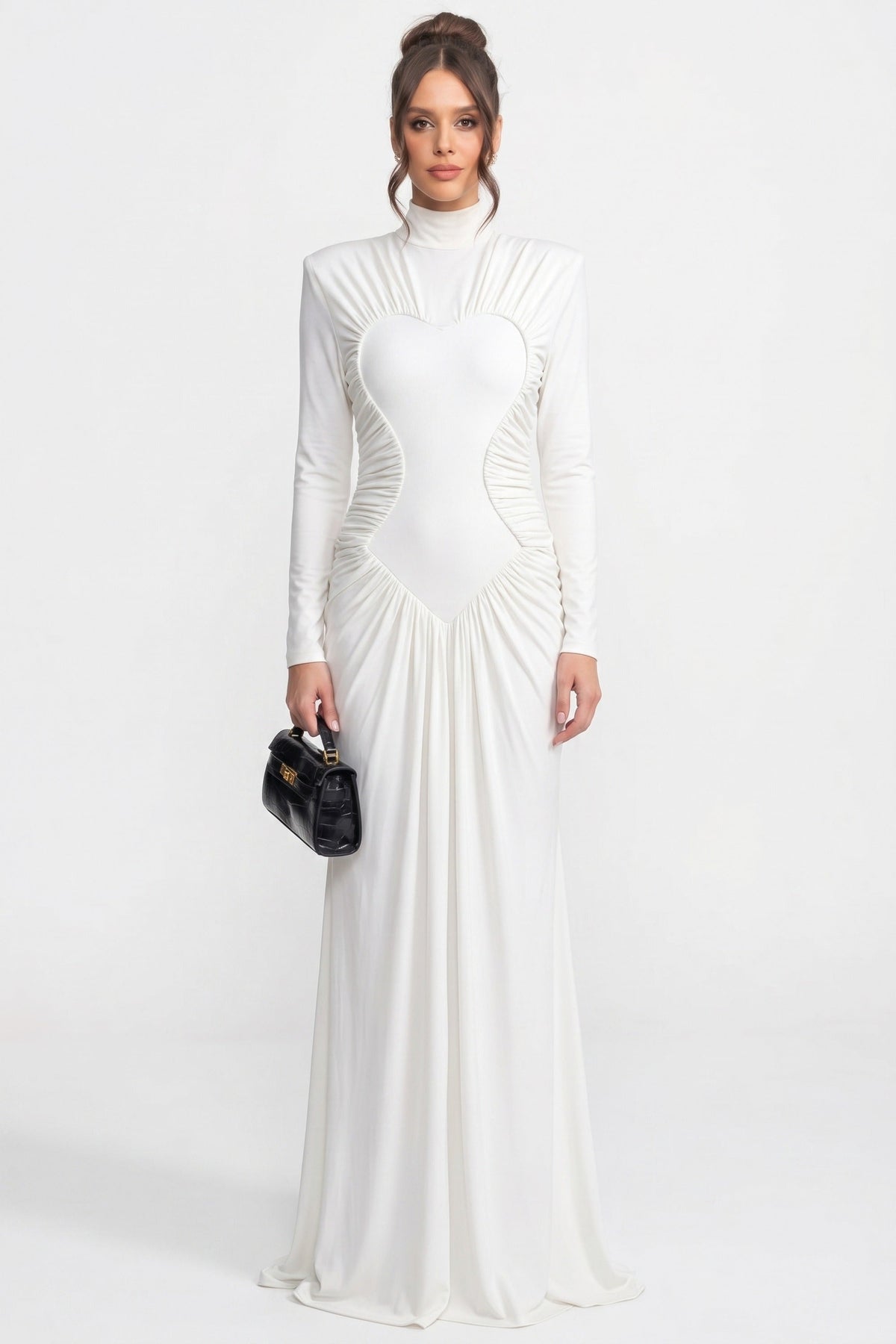 High-Neck Long-Sleeve Ruched Mermaid Gown With Diagonal Drape - White - View 3