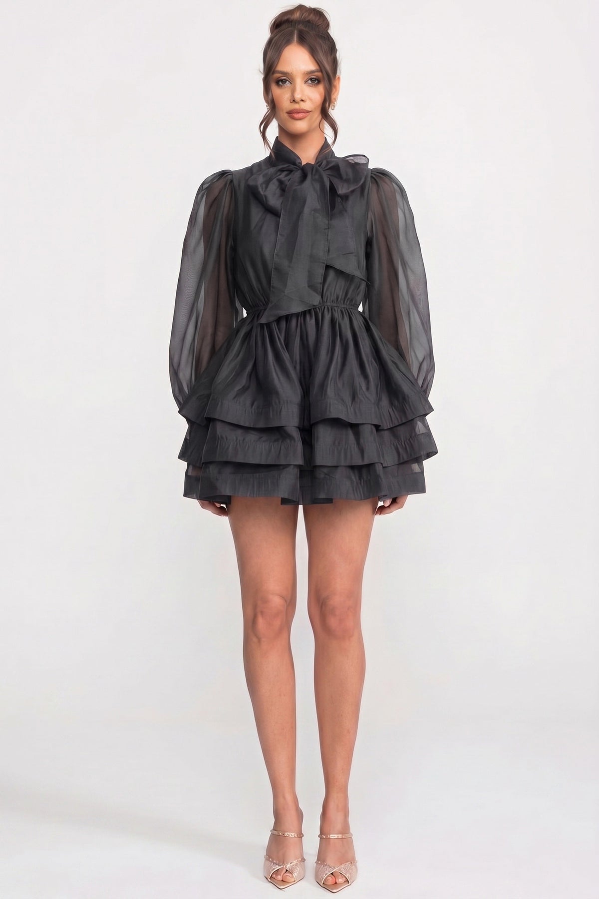 High-Neck Puff-Sleeve Mini Dress - Black - View 4