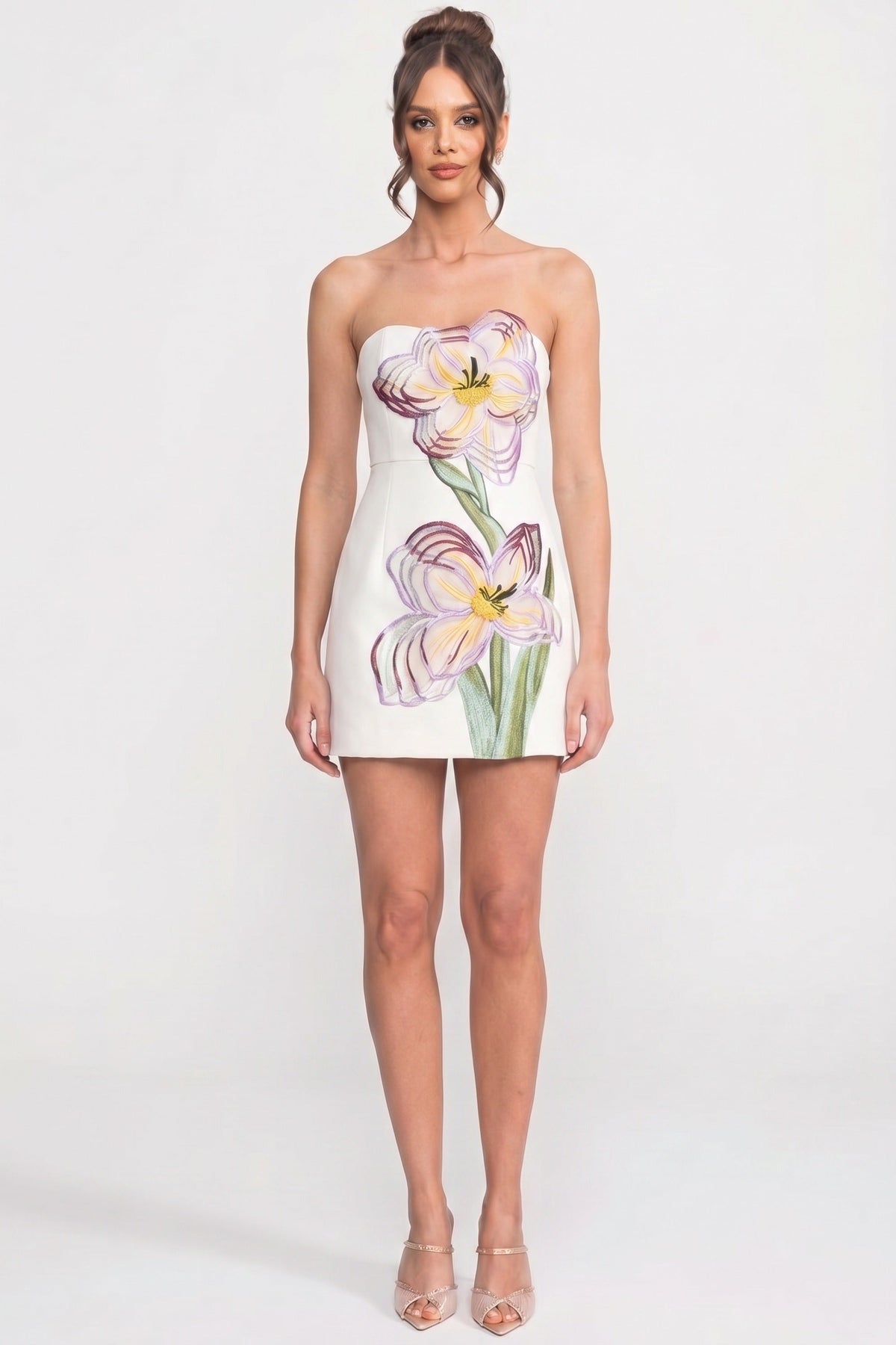 Strapless Mini Dress With 3D Iris Floral Appliqué - White - View 4
