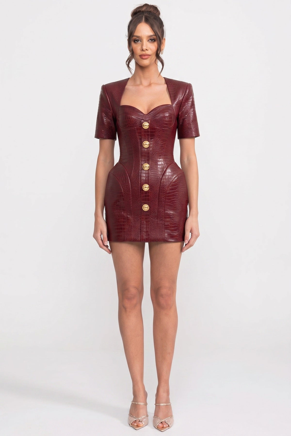 Faux Leather Croc Embossed Sweetheart Neck Padded Mini Dress - View 3