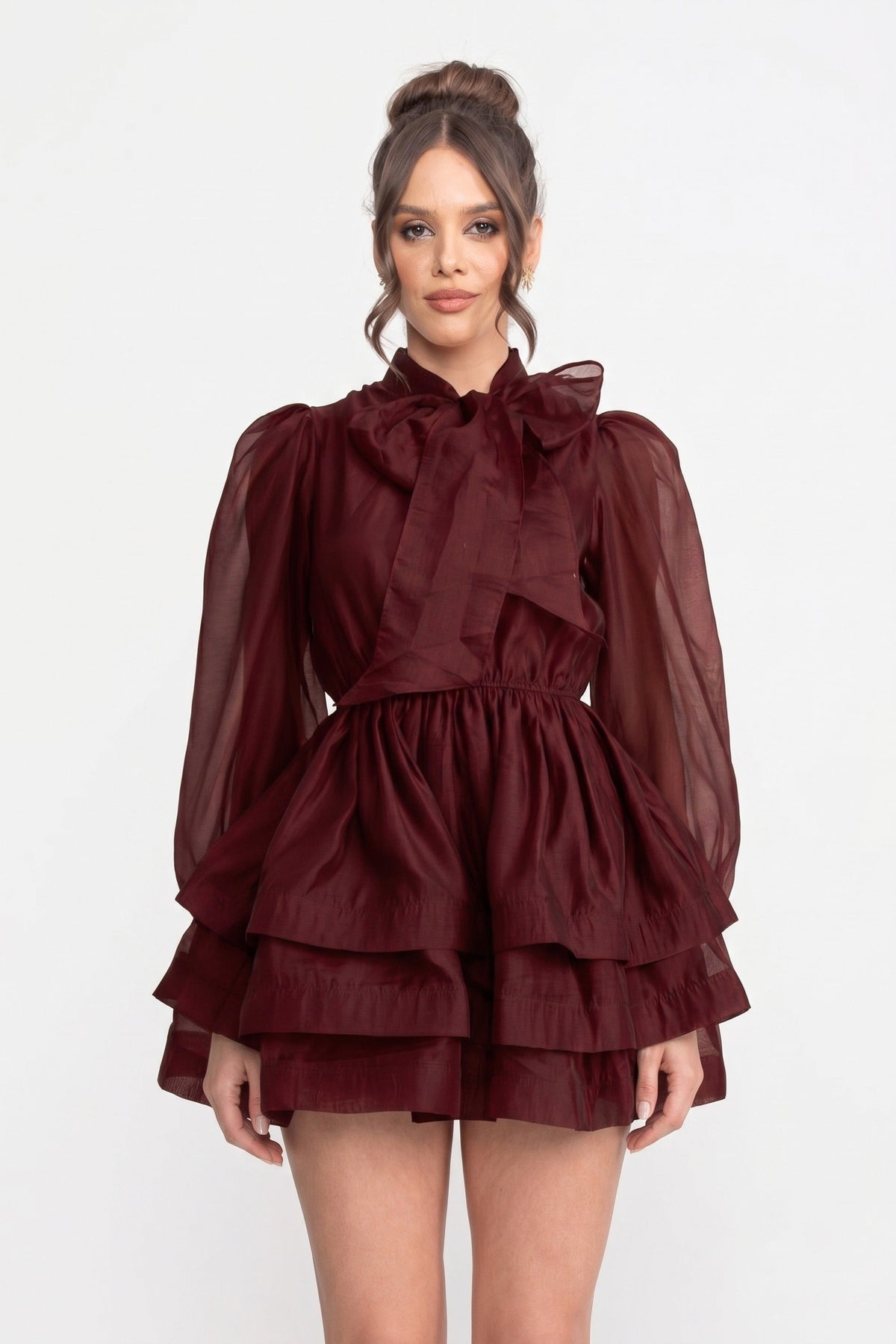 High-Neck Puff-Sleeve Mini Dress - Wine