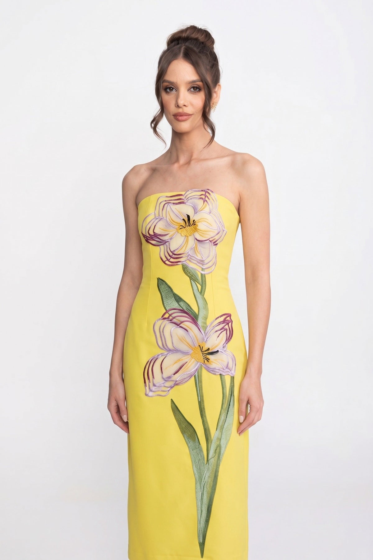 Strapless Floral-Print Midi Dress With Column Silhouette - Yellow - View 3