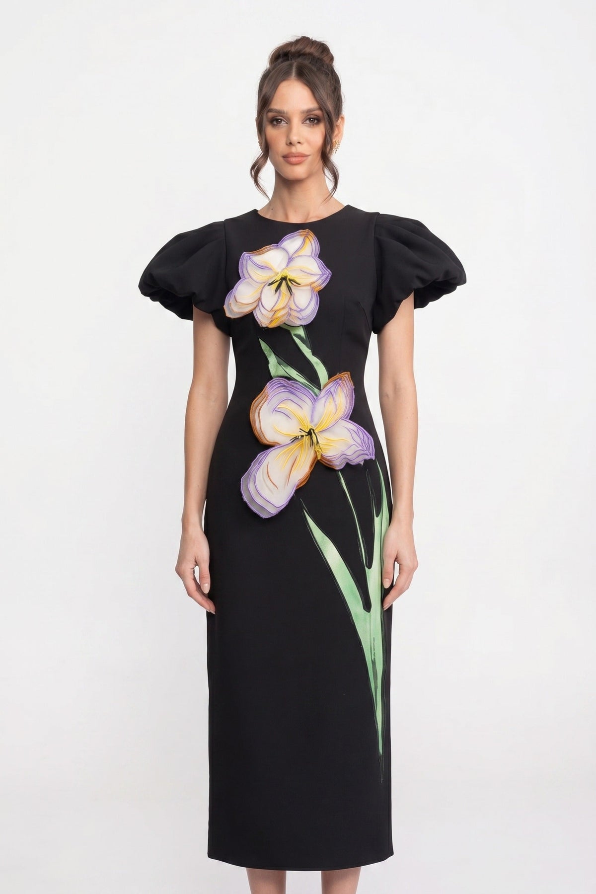 Structured Shoulder Maxi Dress With 3D Iris Floral Appliqué - Black - View 3