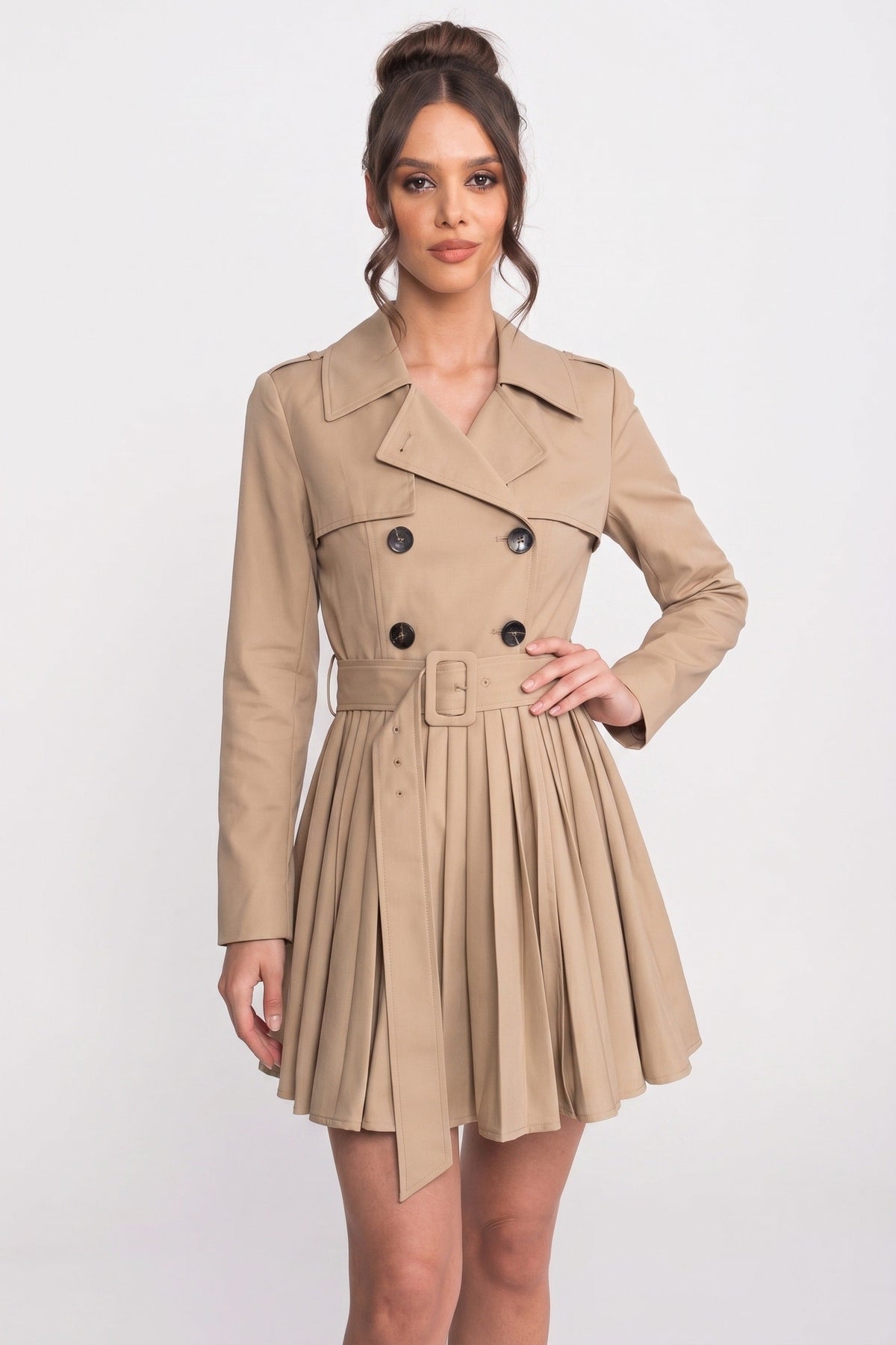 Double Breasted Belted Trench Pleated Skirt Mini Dress