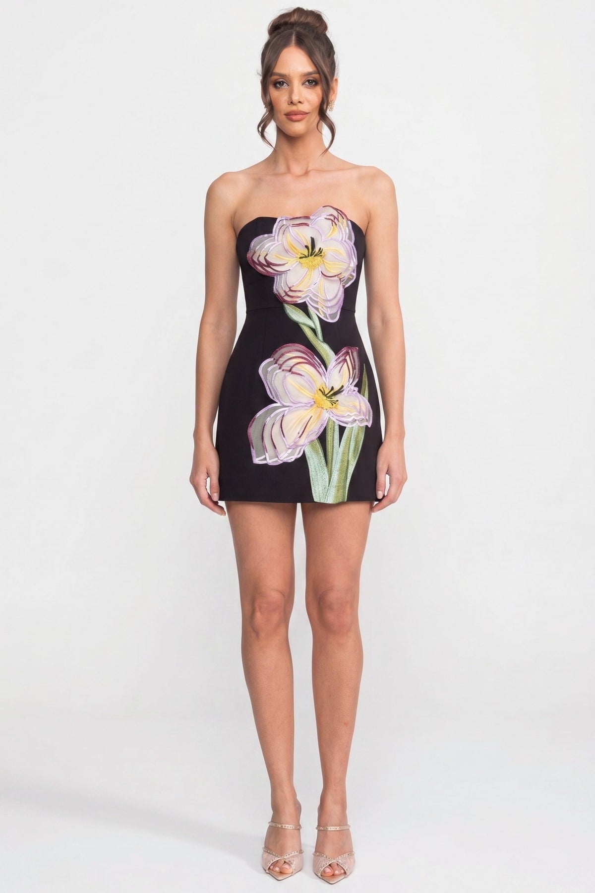 Strapless Mini Dress With 3D Iris Floral Appliqué - Black - View 6