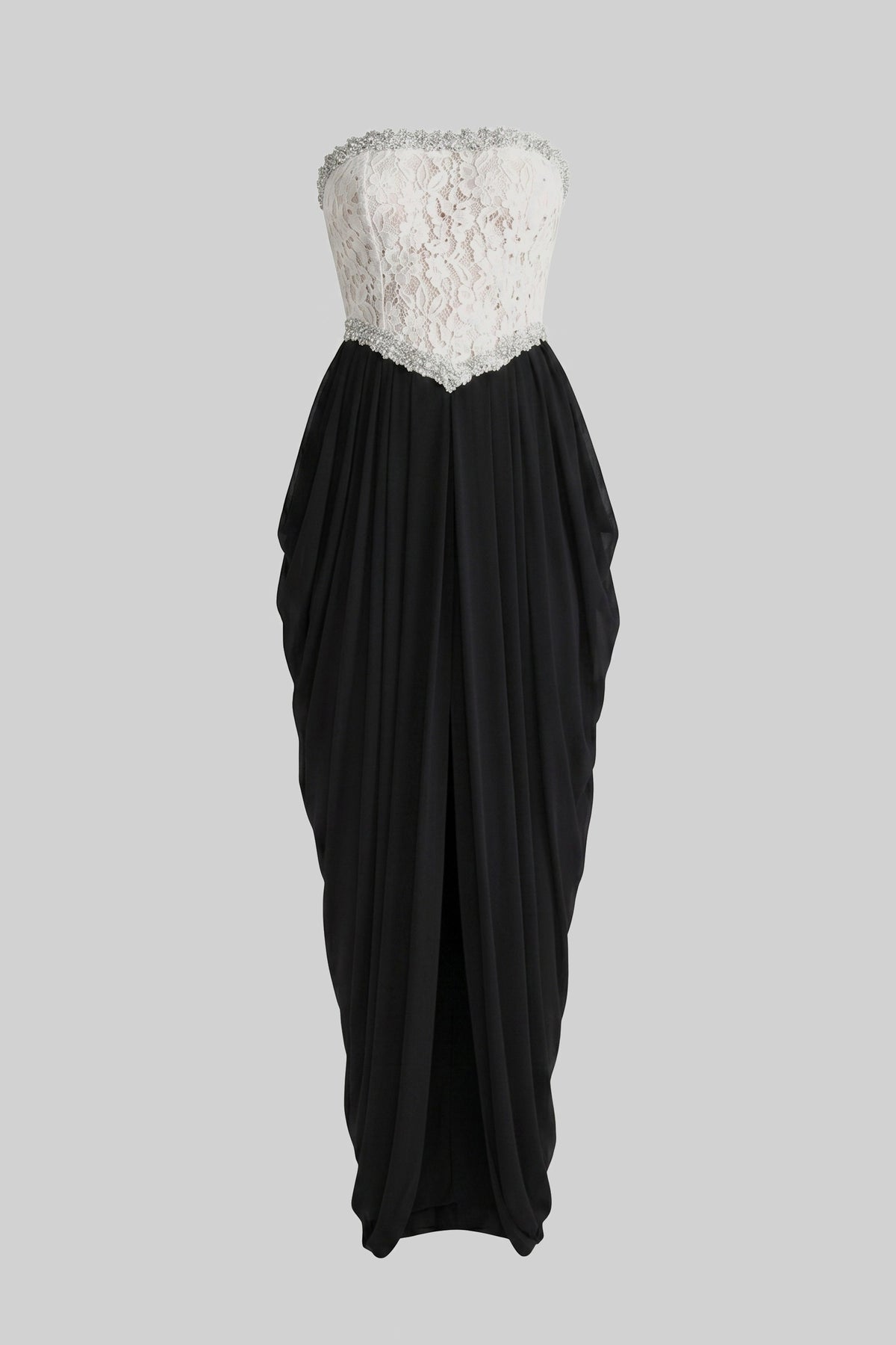 Strapless Beaded Lace Bodice Draped High Split Maxi Gown 2