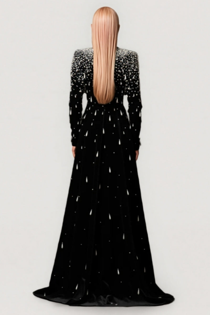 Velvet Mock Neck Long Sleeve Pearl Beaded Column Maxi Gown - View 3