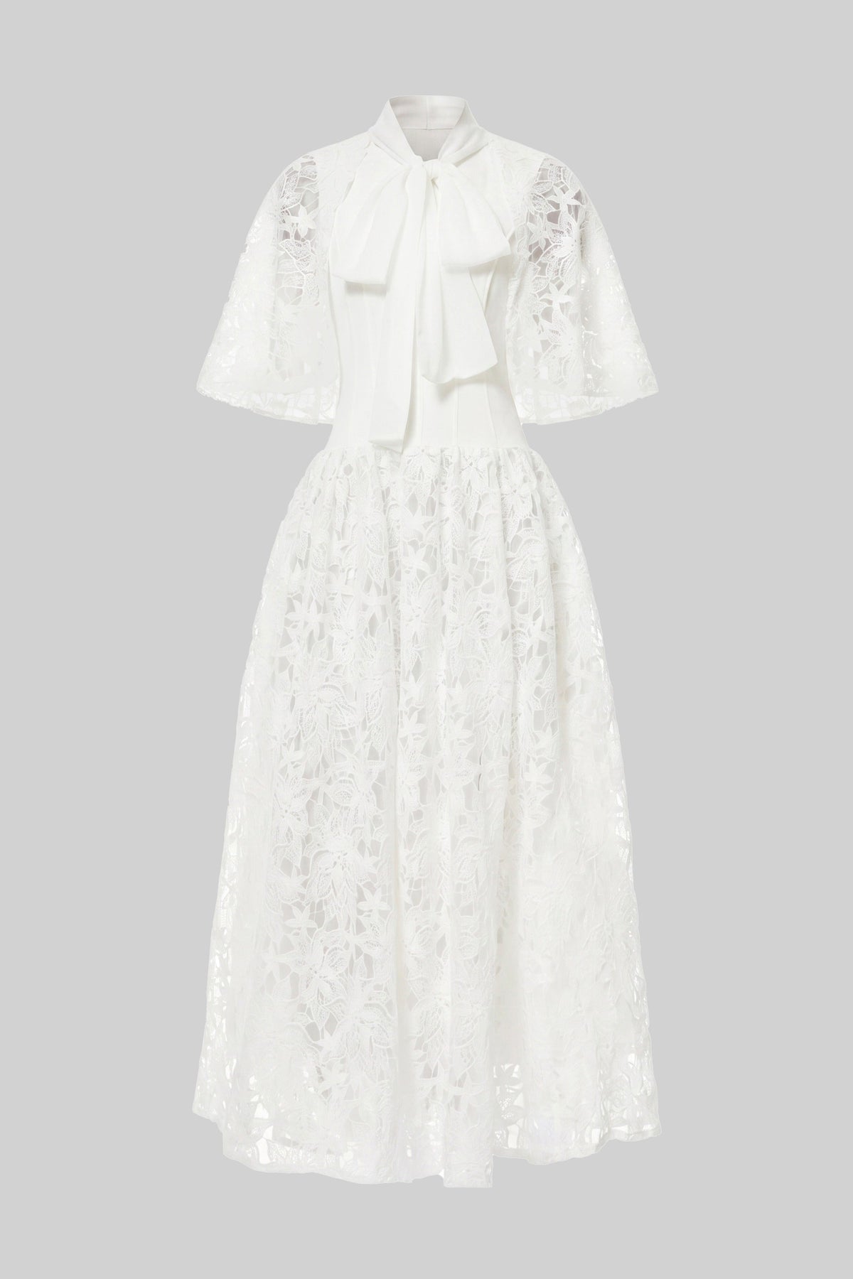 Short-Sleeve Floral Lace Maxi Dress With 3D Bow Detail - White - View 2