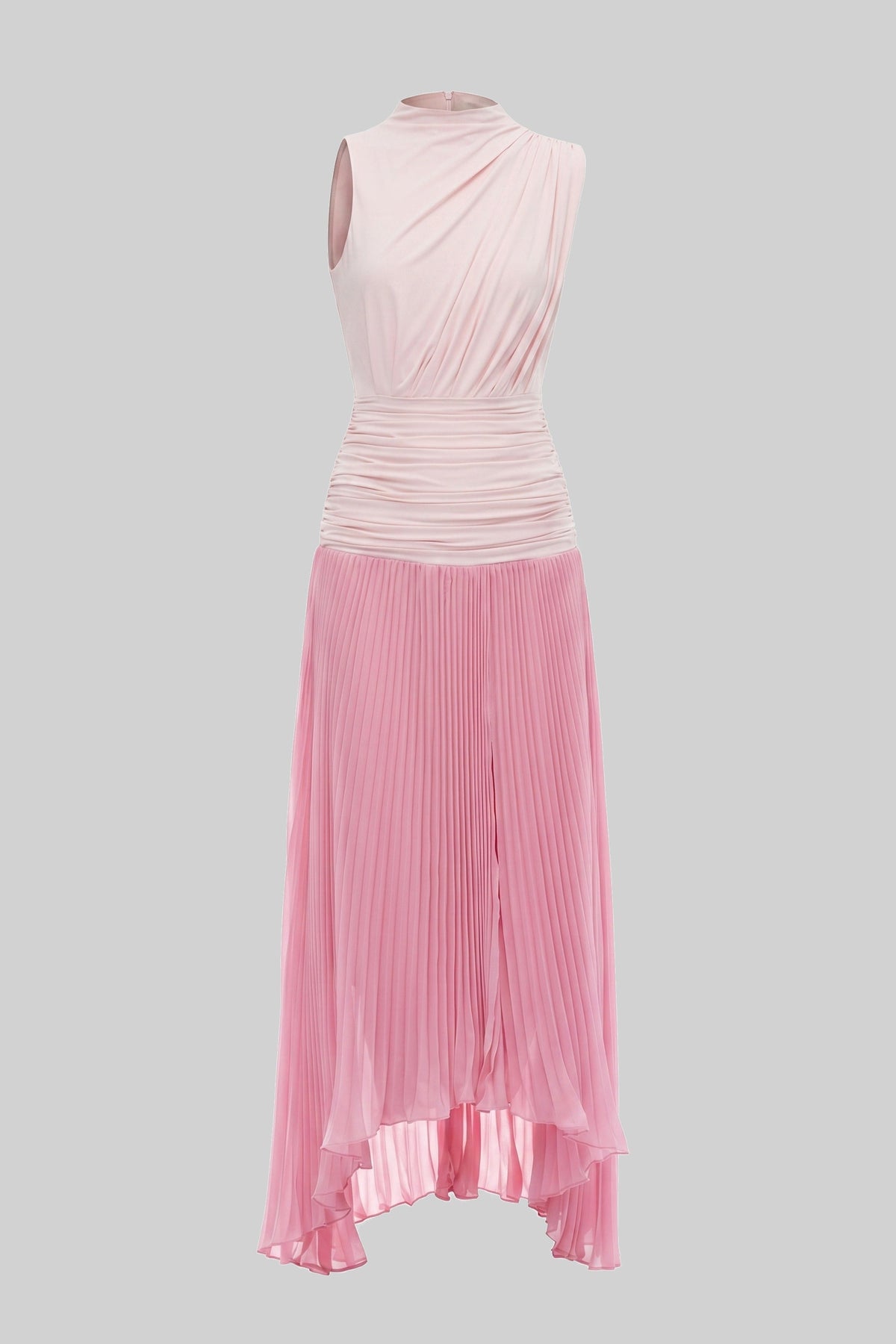 Halter Neck Pleated Maxi Dress With Gathered Waist Detail - Pink - View 2