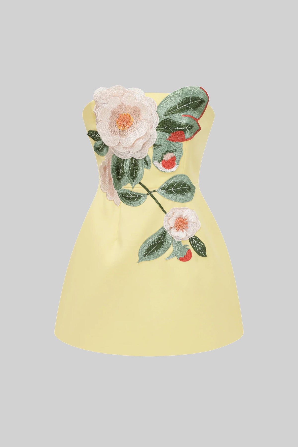 Strapless Mini Dress With 3D Camellia Floral Appliqué - Yellow - View 2