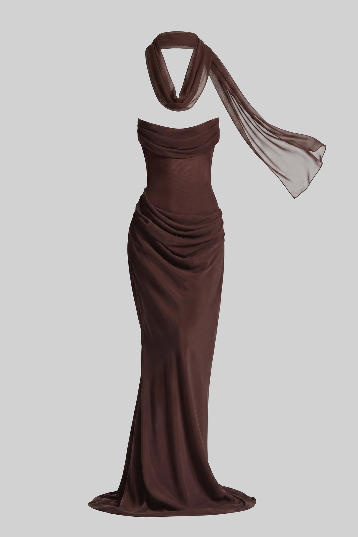 Strapless Draped Maxi Gown With Cowl Neckline And Sheer Scarf - Brown - View 2
