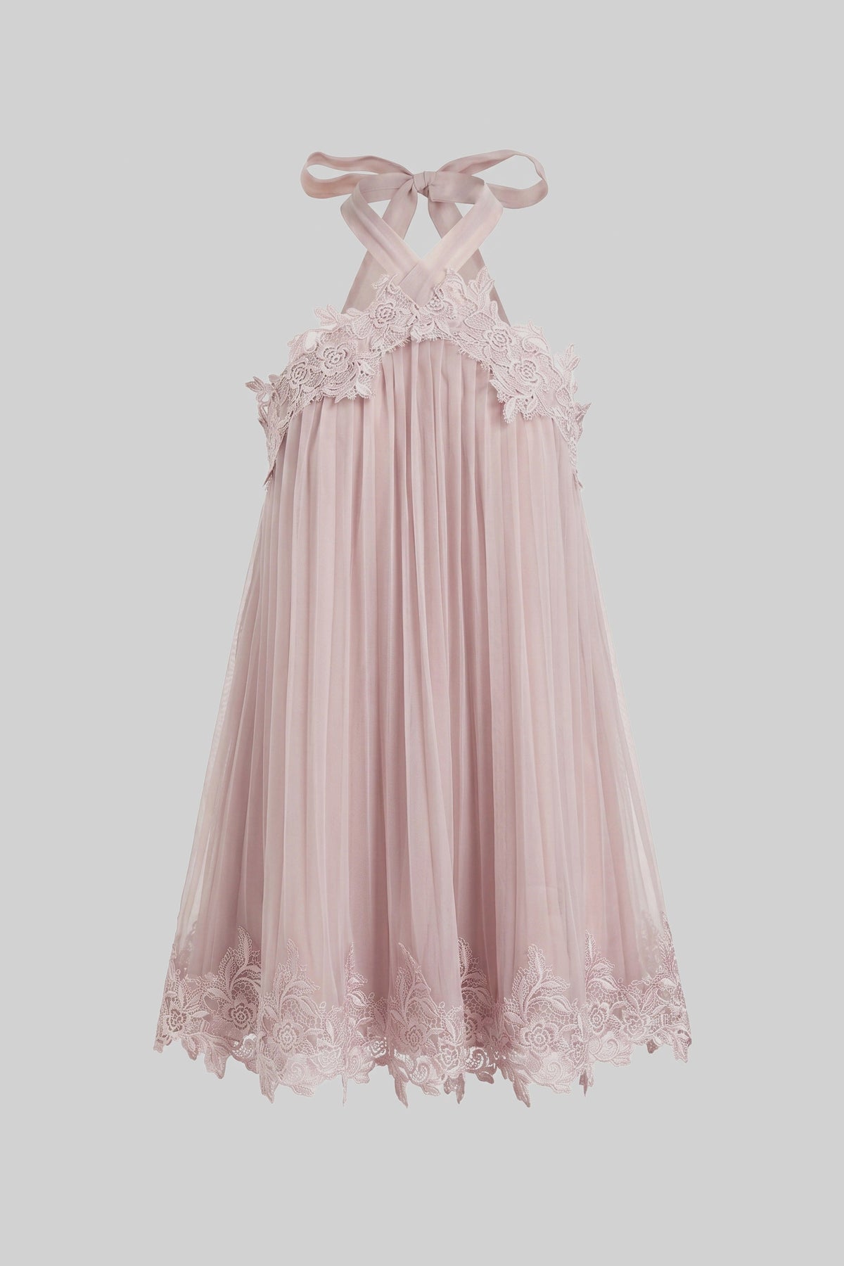 Halter Neck Chiffon Mini Dress With Lace Hem - Pink - View 2