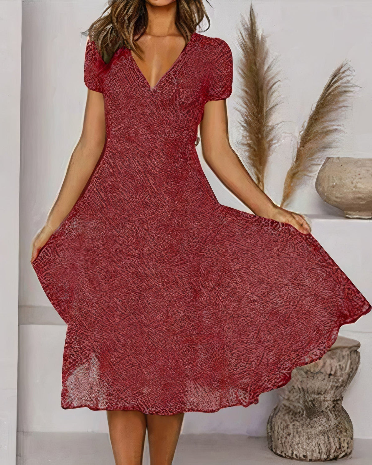 Deep V-Neck Puff Sleeve Fit and Flare A-Line Knee Length Summer Dress