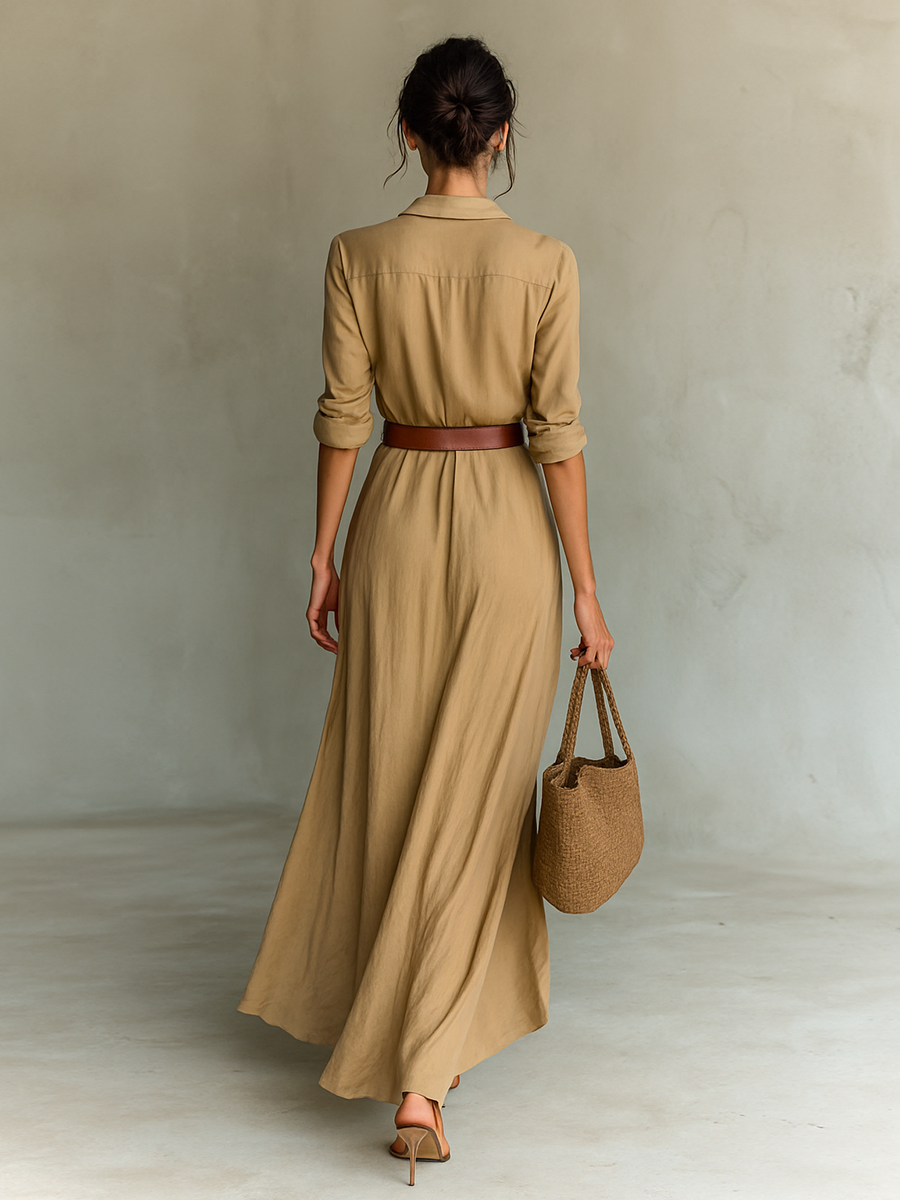 Collared Long Sleeve Ruched Wrap Maxi Shirt Dress 2