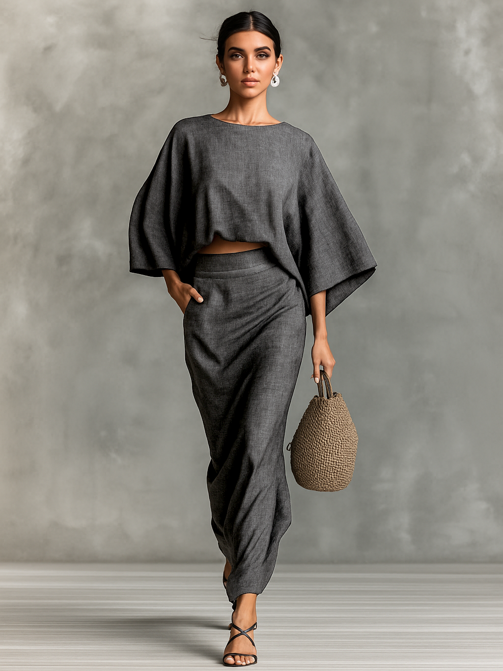 Dolman Sleeve Top and Ruched Maxi Skirt Two Piece Set 3