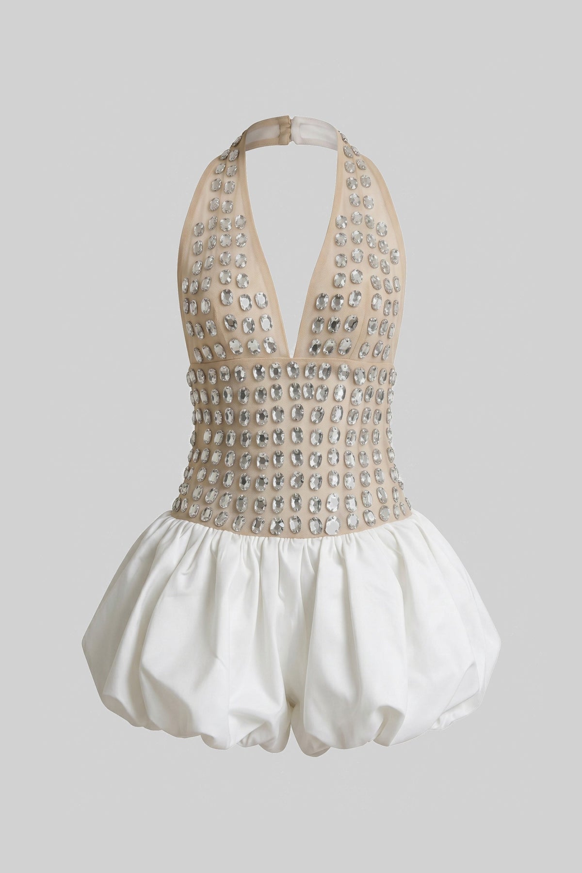 Crystal-Embellished Halter Mini Dress With Bubble Skirt - White - View 2