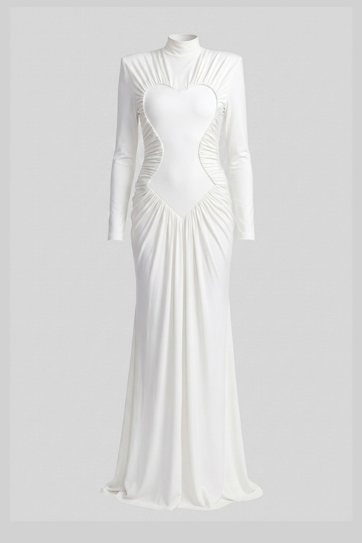 High-Neck Long-Sleeve Ruched Mermaid Gown With Diagonal Drape - White - View 2