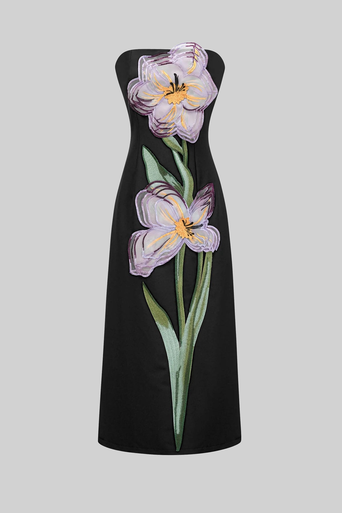 Strapless Floral-Print Midi Dress With Column Silhouette - Black - View 2