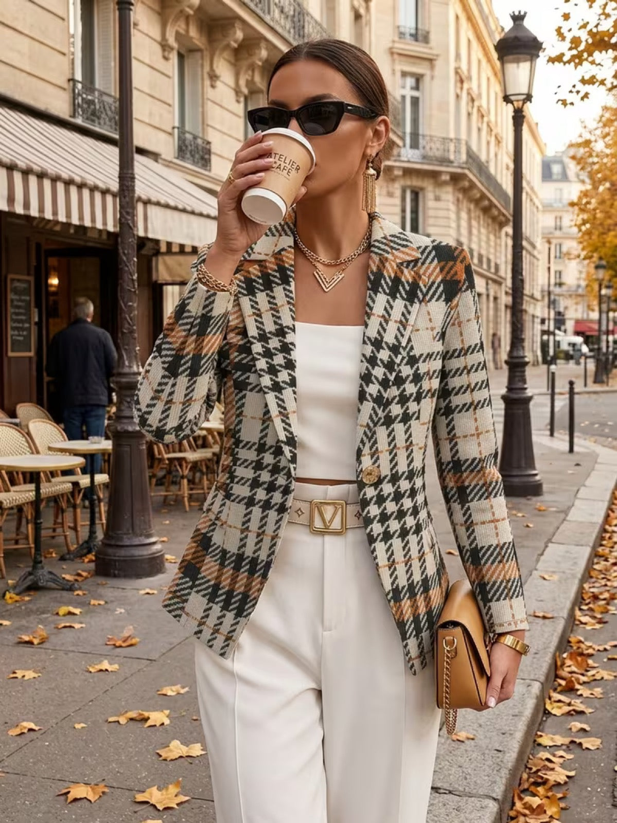 Houndstooth Plaid Single Button Cropped Blazer 2